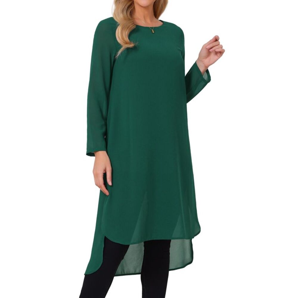 Womens High Low Tops Chiffon Blouse Asymmetric Loose Fit Casual Top Dark Green